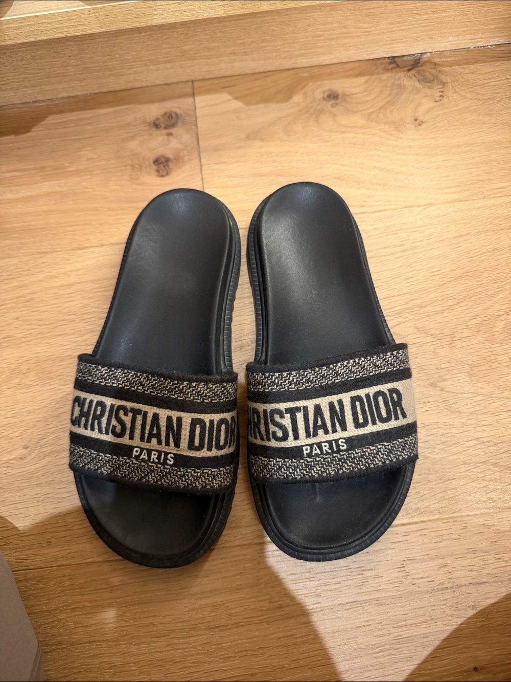 Christian Dior Black and Beige Logo Slide Sandals